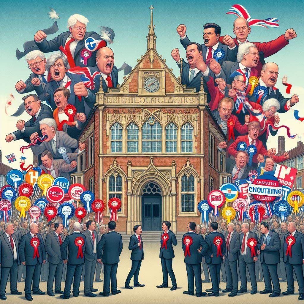 English local elections as multiple clashing armies of council candidates for election clashing in front of a town hall with candidates having rosettes and recognisable symbols of England's towns and cities in the background