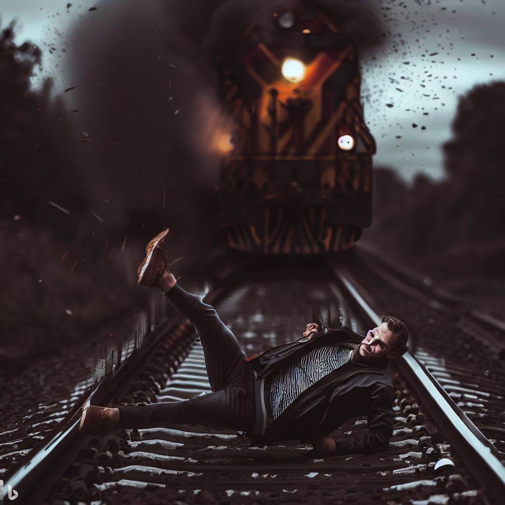 Generate an image of a man falling onto train tracks in a dramatic and alarming manner, with a train on its way to run him over.