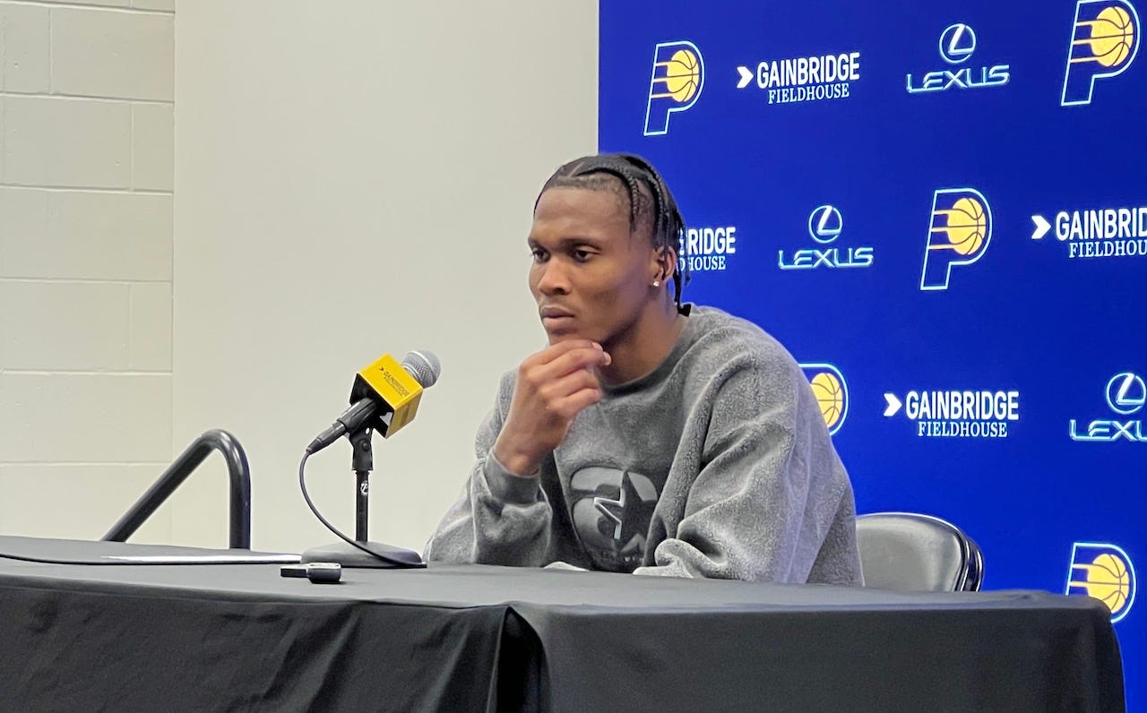 Pacers rookie Bennedict Mathurin talks with reporters after a home game.