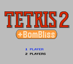 A screenshot of the title screen for Tetris 2 + Bombliss, featuring the logo for the game (with Bombliss set underneath Tetris 2), a grey background, and the option to play a 1-player or 2-player game below it all.
