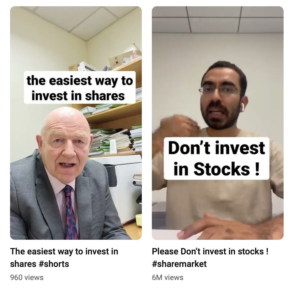 YouTube shorts screenshot showing influencers talking about stocks and shares
