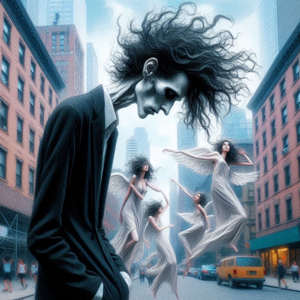 A tall skinny lugubrious white man with unruly black hair dressed all in black bows his head in downtown New York City. The translucent spirits of seven beautiful women float around him. Urban environment. Daytime. Impressionist style.