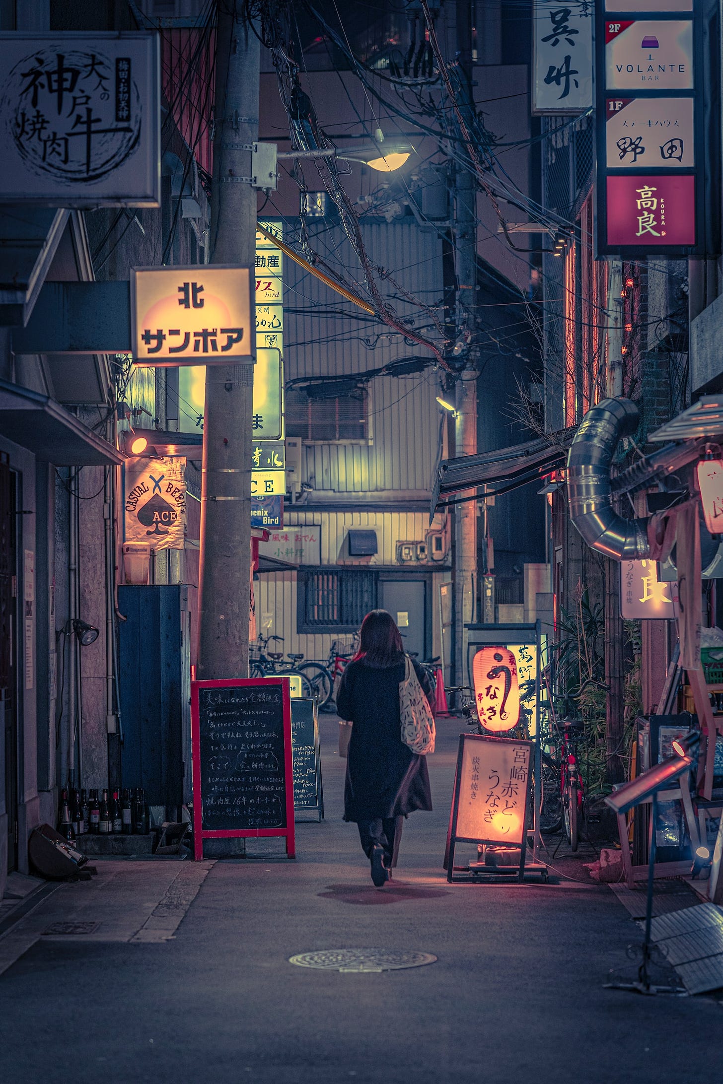 Someone walking down the street in japan at night, alone