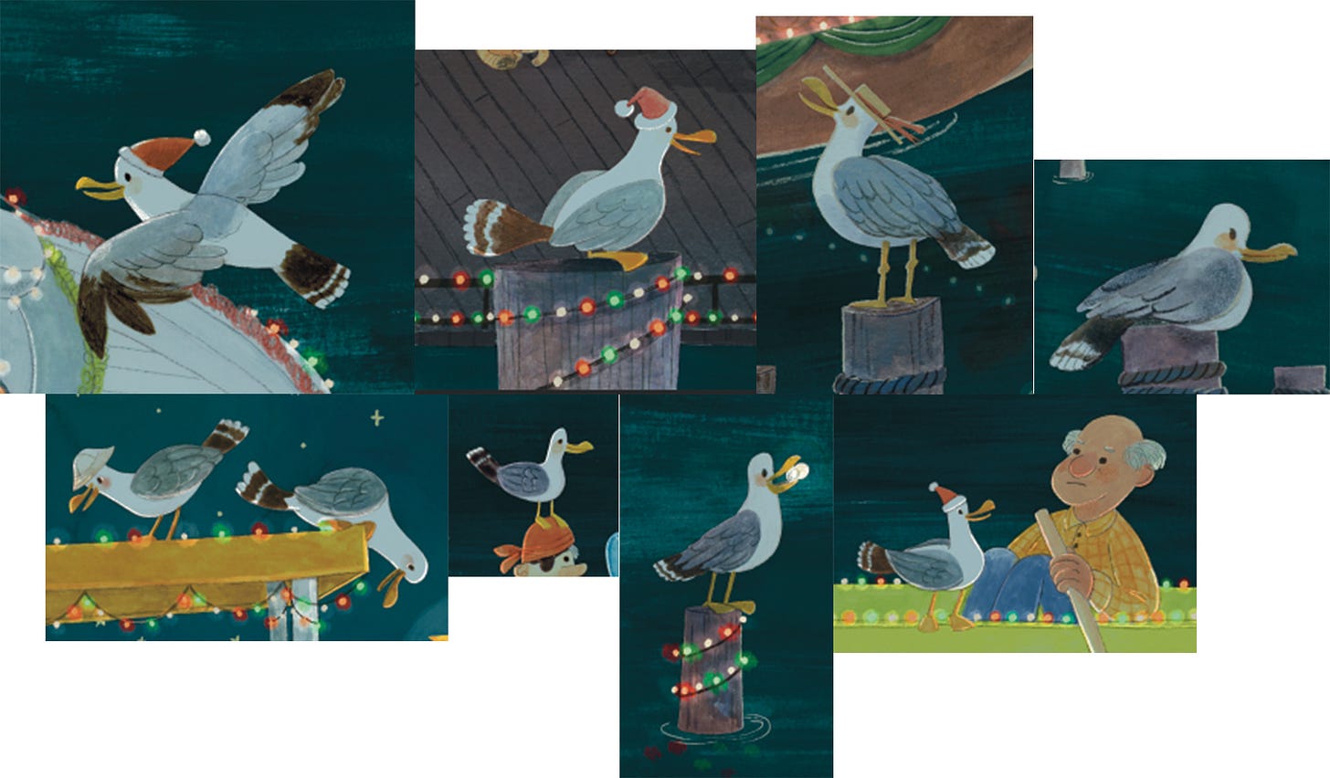 gulls illustrated by Kayla Stark for Christmas Ahoy