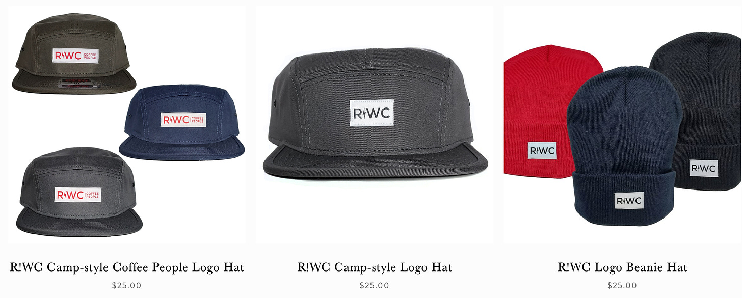 Product shots of beanie winter caps and 5-panel camp hats on sale.