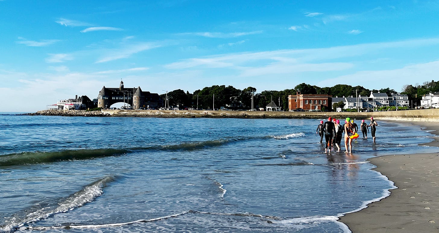 a group of swimmers, some in wetsuits, at the waters edge with the town in the background