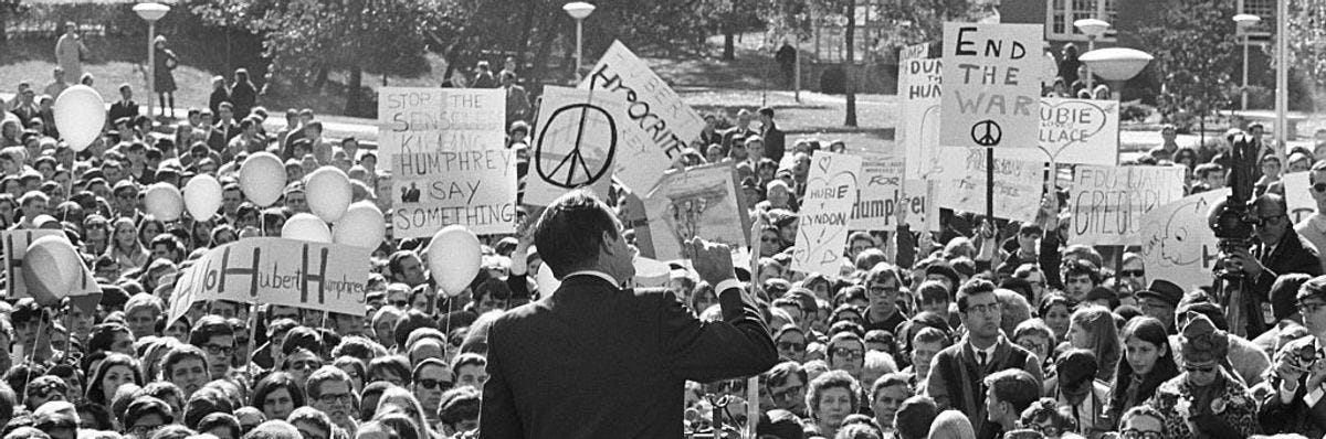 Hubert Humphrey speaking To anti-war crowd in 1968