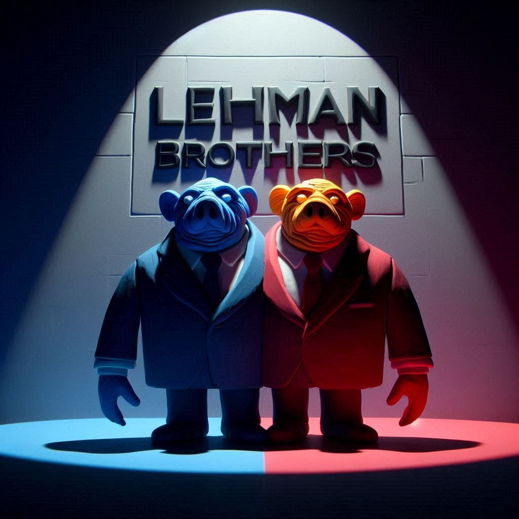 Lehman Brothers - in Claymation  - Using bright colours - minimalist image - Smooth Image - with 3d Effects with light projecting from the top in a dark room
