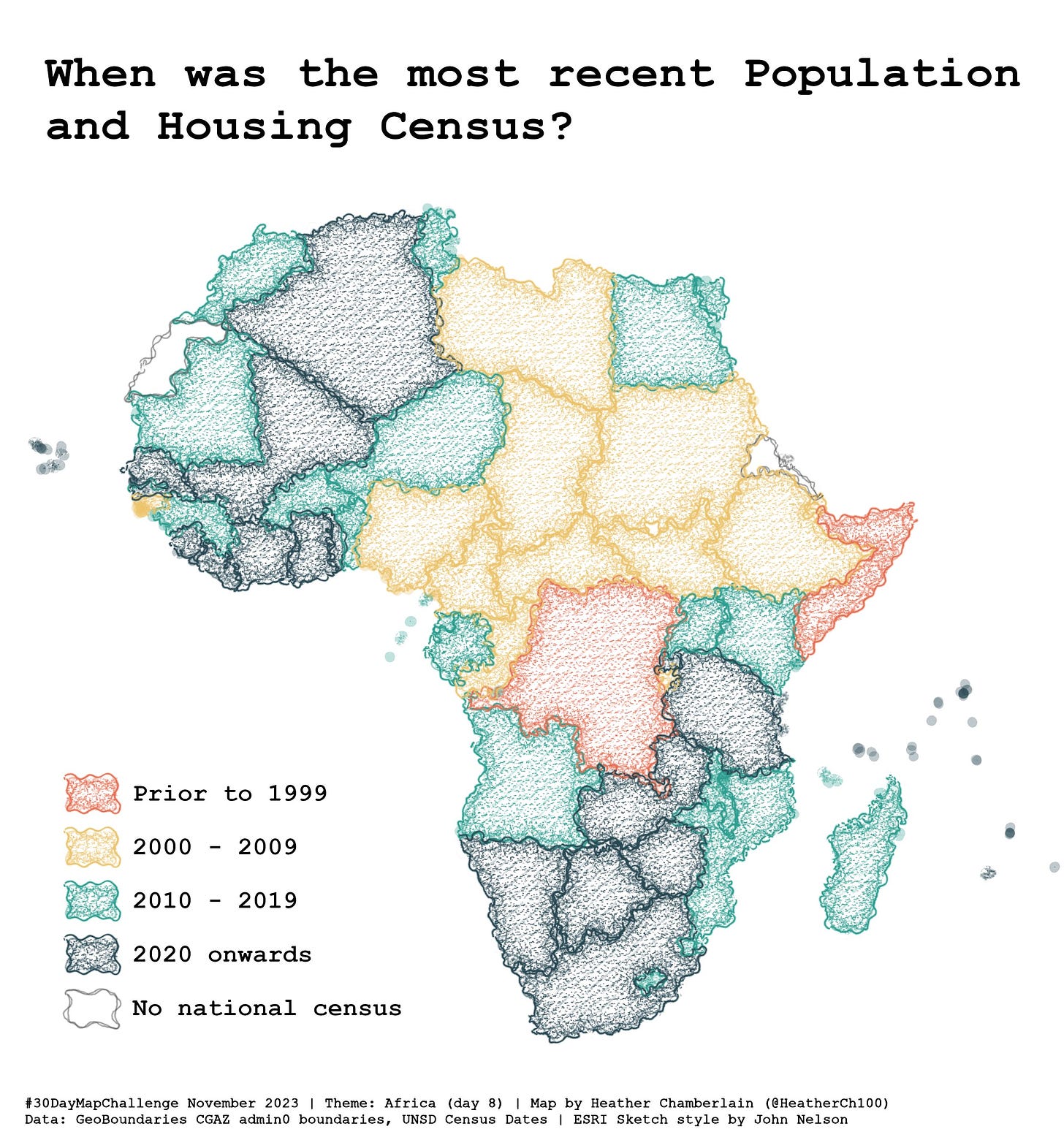 A map showing countries of Africa, with each country shaded according to the decade in which the last census was conducted from red (prior to 1999, yellow (2000-2009), turquoise (2010-2019) and blue (2020 onwards).