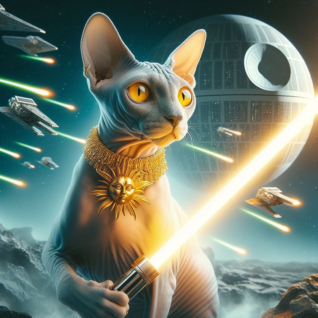 light blue hairless yellow-eyed, sphynx cat with golden collar with sun face amulet wields light saber on death star