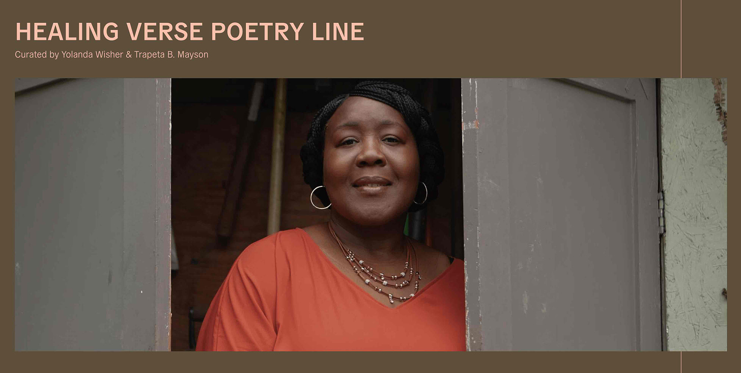 Black woman slightly smiling with orange blouse and jewelry standing in doorway. Text at top says, "Healing Verse Poetry Line"