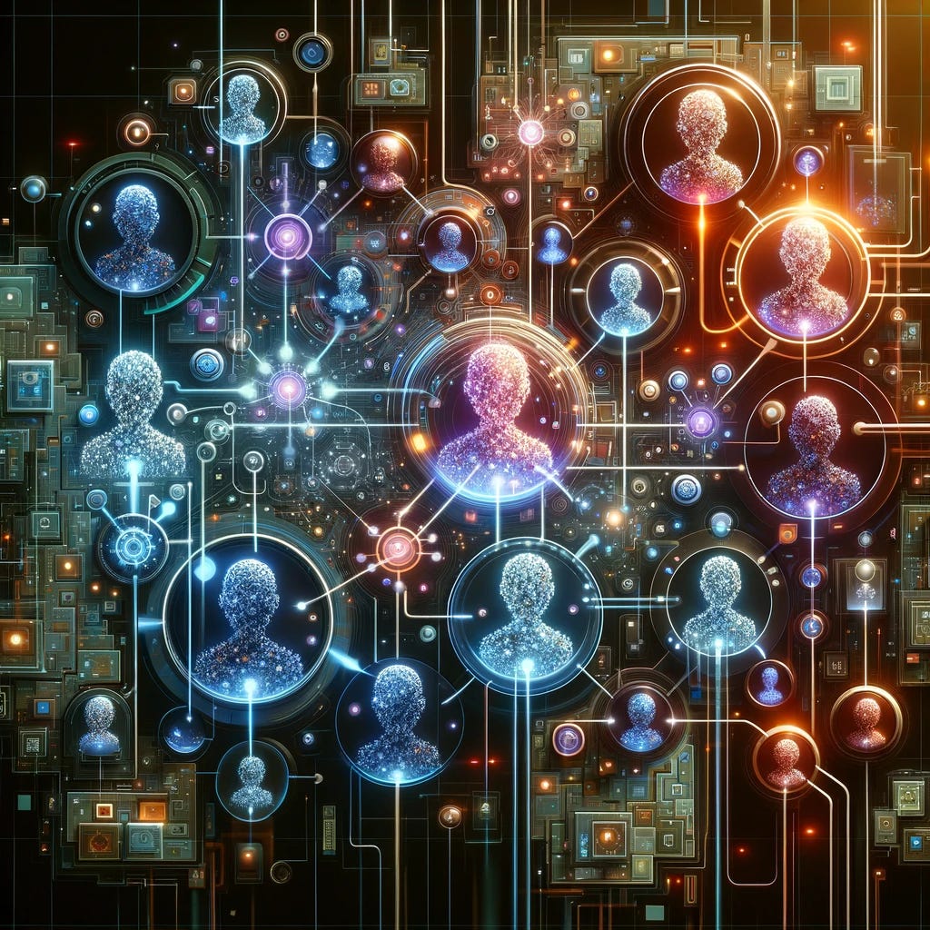 A futuristic digital art illustration showcasing the concept of Sparse Mixtures of Experts (MoE) in the context of large language models. The image features an array of diverse, abstract experts represented as futuristic, glowing entities, interconnected by a complex network of digital pathways, symbolizing the flow of information and decision-making. These entities are set against a backdrop that suggests advanced technology, with subtle references to artificial intelligence and machine learning, like circuit patterns and neural network diagrams. The overall tone is high-tech and cutting-edge, emphasizing the innovative nature of Sparse MoE in AI development.