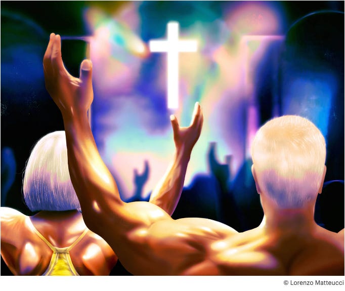 Image shows muscled elderly femme and masc people from behind, lifting their hands in praise, with a cross in the background. The photographer credit is (c) Lorenzo Matteucci.