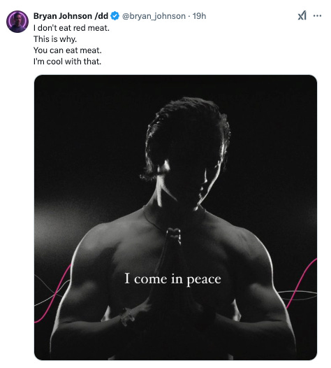 Tweet from @bryan_johnson discussing eating red meat featuring an image of him as a silhouette with prayer hands saying "I come in peace"