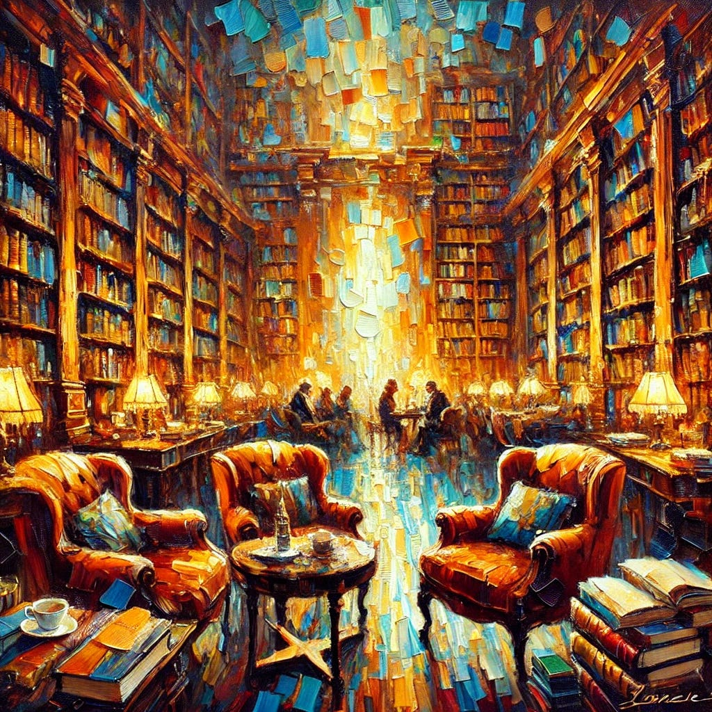 A vibrant impressionist oil painting of a serene library with walls lined with bookshelves filled with colorful books. In the center, a cozy seating area with plush armchairs, surrounded by soft, warm lighting. The atmosphere suggests intellectual depth and intimate conversations. Subtle details, like a cup of coffee on a small table and scattered notes, enhance the cozy and introspective vibe. The color palette features rich browns, golds, and hints of deep blues and greens, creating a sense of calm and focus. Expressive brushstrokes evoke the feeling of an inviting intellectual haven.