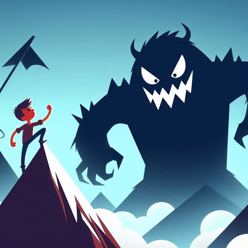 A cartoon of someone standing on the peak of a mountain, staring up at a great shadowy monster, shaking their fist at it