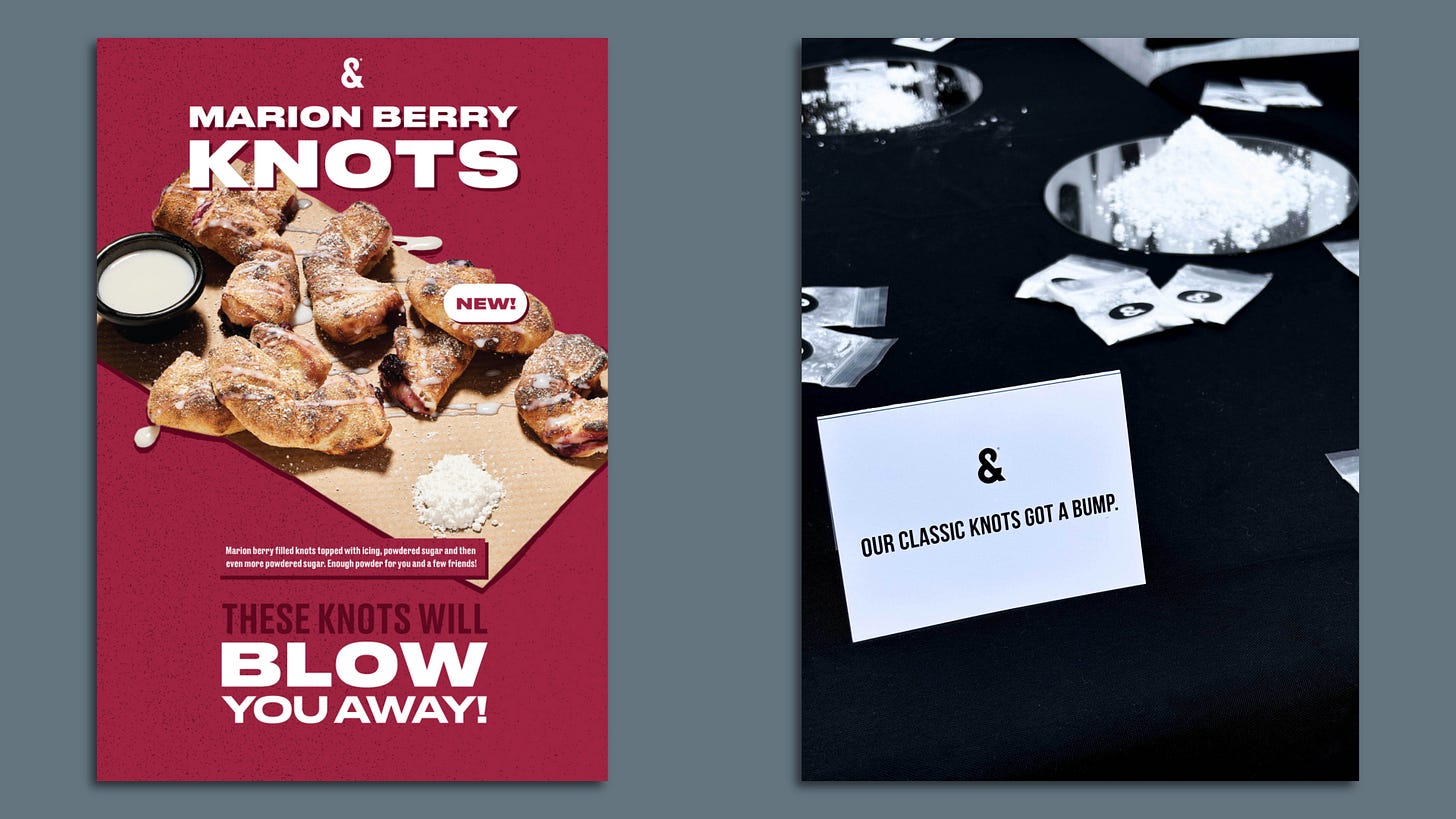 Marketing campaign for the Marion Berry Knots with drug-related language and images