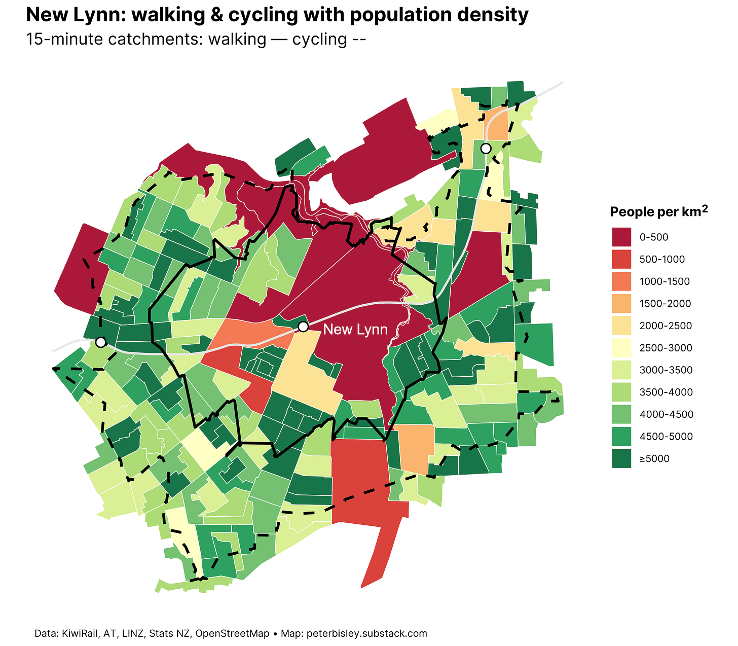 Map of population density by Statistical Area 2 and walking and cycling catchments in the vicinity of New Lynn station