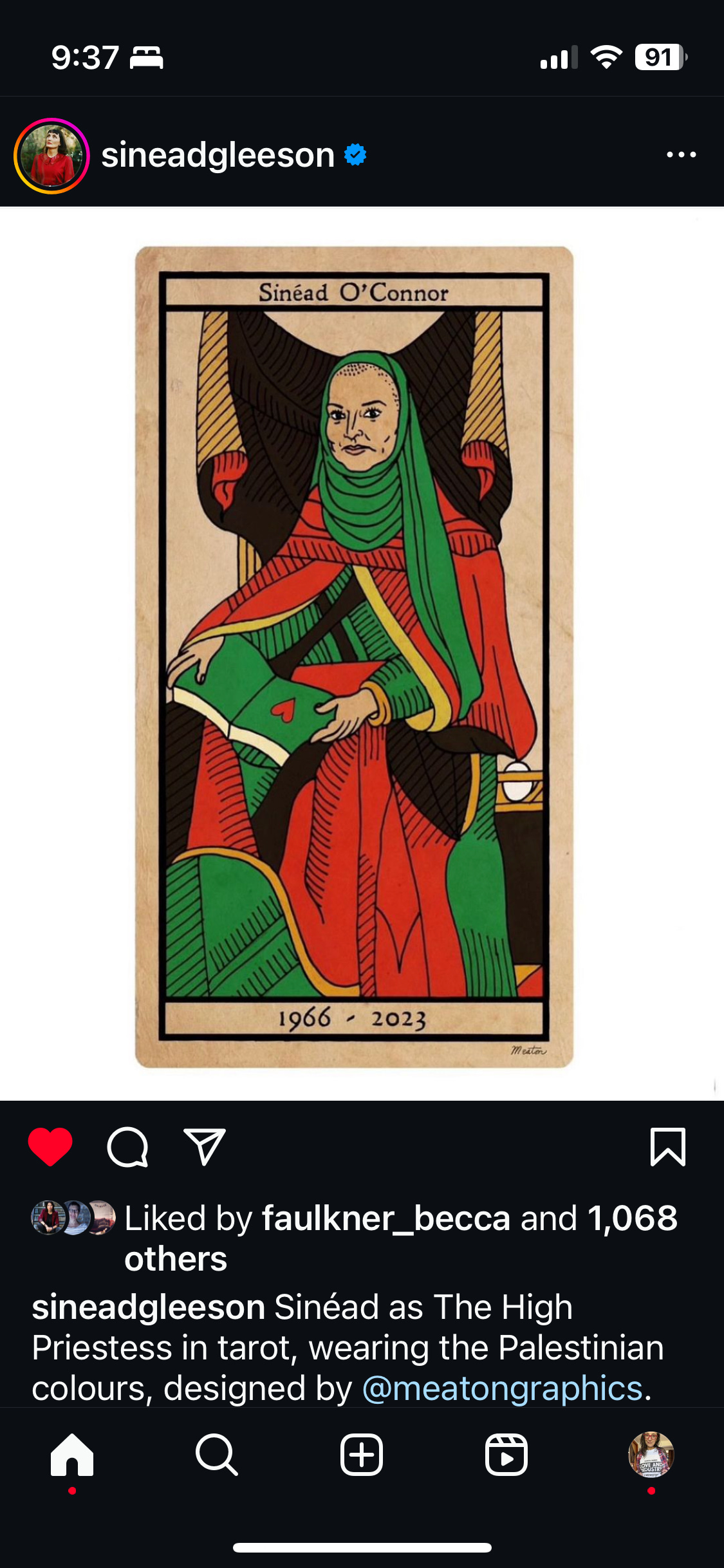 Image of a print of Sinead O'Connor in red and green robes as the high priestess of tarot.