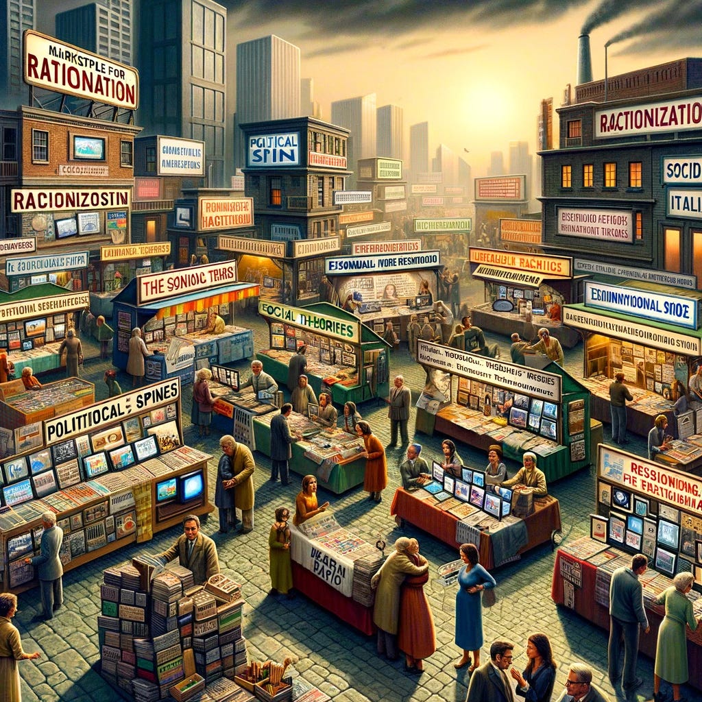 A more realistic interpretation of a 'marketplace for rationalizations' inspired by an academic article, focusing on media representations. The scene is a lively market with stalls, each displaying various forms of media like newspapers, books, posters, and TVs, symbolizing different rationalizations. The sellers at each stall are actively showcasing these media items to the buyers, who represent a diverse demographic. These buyers are deeply engaged in reading, watching, and discussing the content, symbolizing the consumption of rationalizations through media. The market is adorned with signs like 'Political Spin', 'Economic Theories', 'Social Narratives', and 'Personal Perspectives'. The atmosphere is interactive and thought-provoking, highlighting the role of media in shaping and distributing rationalizations. The background features a modern cityscape, indicating the contemporary context of this marketplace.