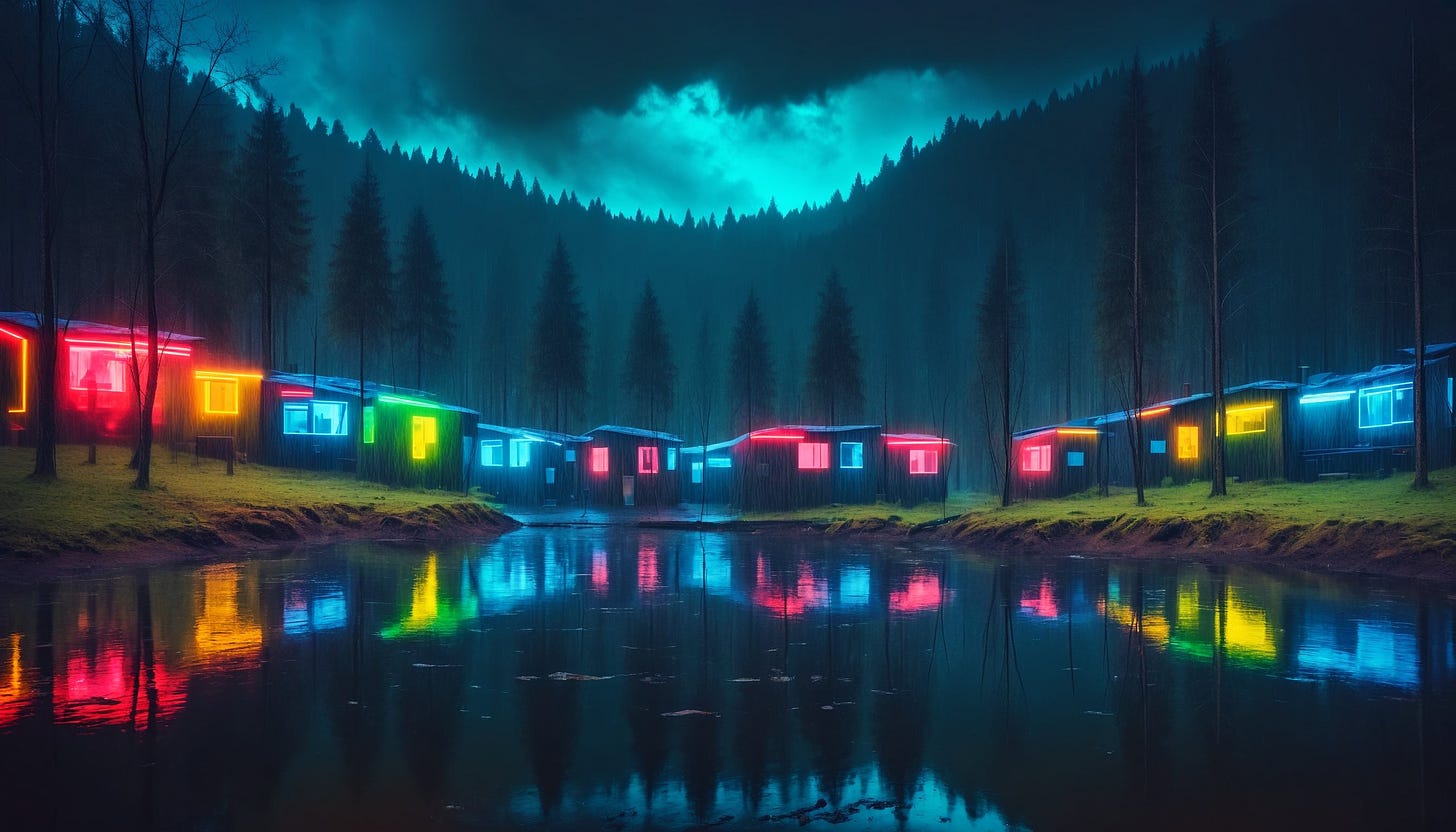 Prompt:

A quiet forest village at night with rainfall capturing the reflection of red, green, yellow and blue neon lights on trees in a blurred texture

Filters:

Landscape Enhancer (0.50)