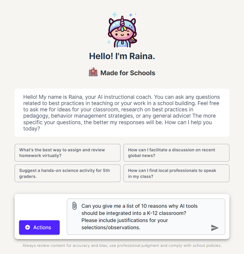 Raina AI-powered chatbot main screen.