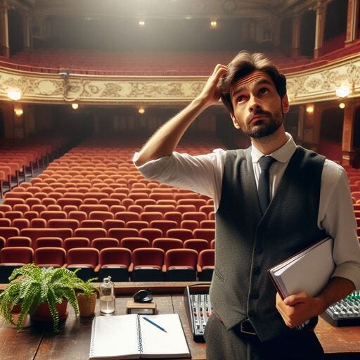 director of a theatre production left scratching his head wondering why the theatre has no one watching the performance as the theatre is empty
