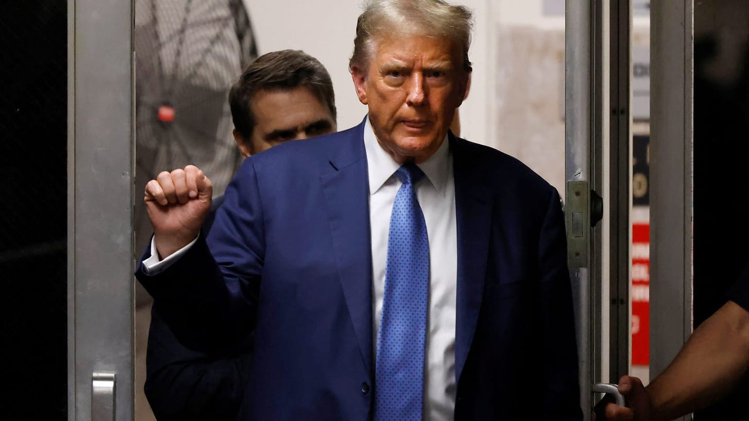Former U.S. President Donald Trump returns to the courtroom after a short break during his hush money trial at Manhattan Criminal Court in New York City, U.S., 20 May 2024. 