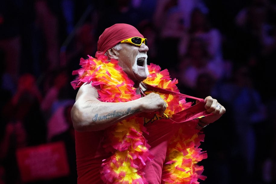 Hulk Hogan rips his shirt at a campaign rally for Republican presidential nominee former President Donald Trump at Madison Square Garden, Sunday, Oct. 27, 2024, in New York. (AP Photo/Julia Demaree Nikhinson)