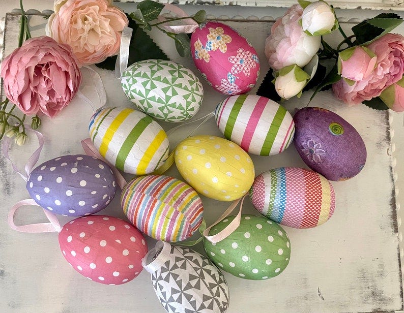 Whimsical Easter Egg Ornament Set of 12, Paper Mache Egg Ornaments, Easter Egg Decor, Easter Ornaments image 1