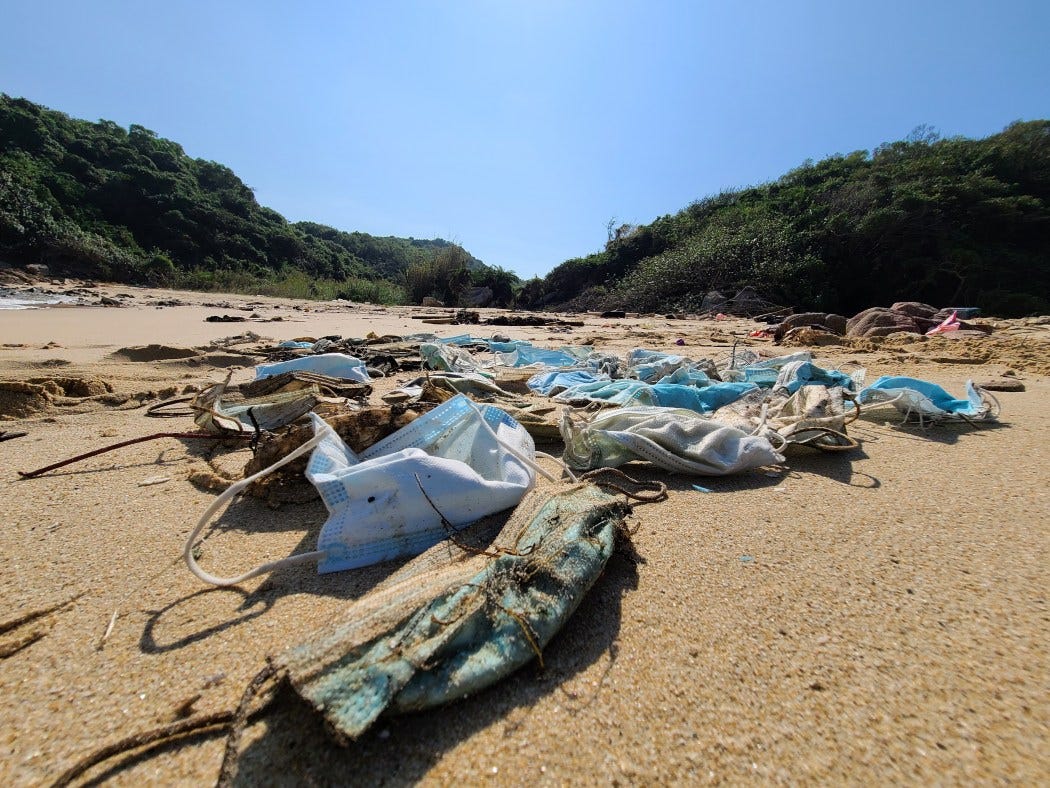 Facemasks lying on a beach