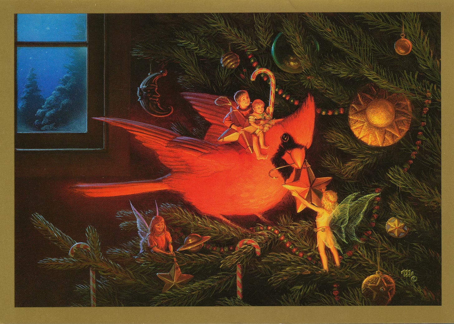 A pair of winter fairies greet children riding on the back of a bright red cardinal. It perches on the branches of the Christmas tree to deliver a 5-pointed star ornament with hook already attached. The older boy holds a 4-pointed star and a candy cane while the younger grasps the tip of the ornament to help. Most of the ornaments already on the tree are celestial themed with stars, moon, and sun hanging among the needled branches. Candy canes and strings of berries complete the decorations. In the upper left of the panel, a window provides a peek outside at a cool winter night, but inside is lit with golden light and feels warm.