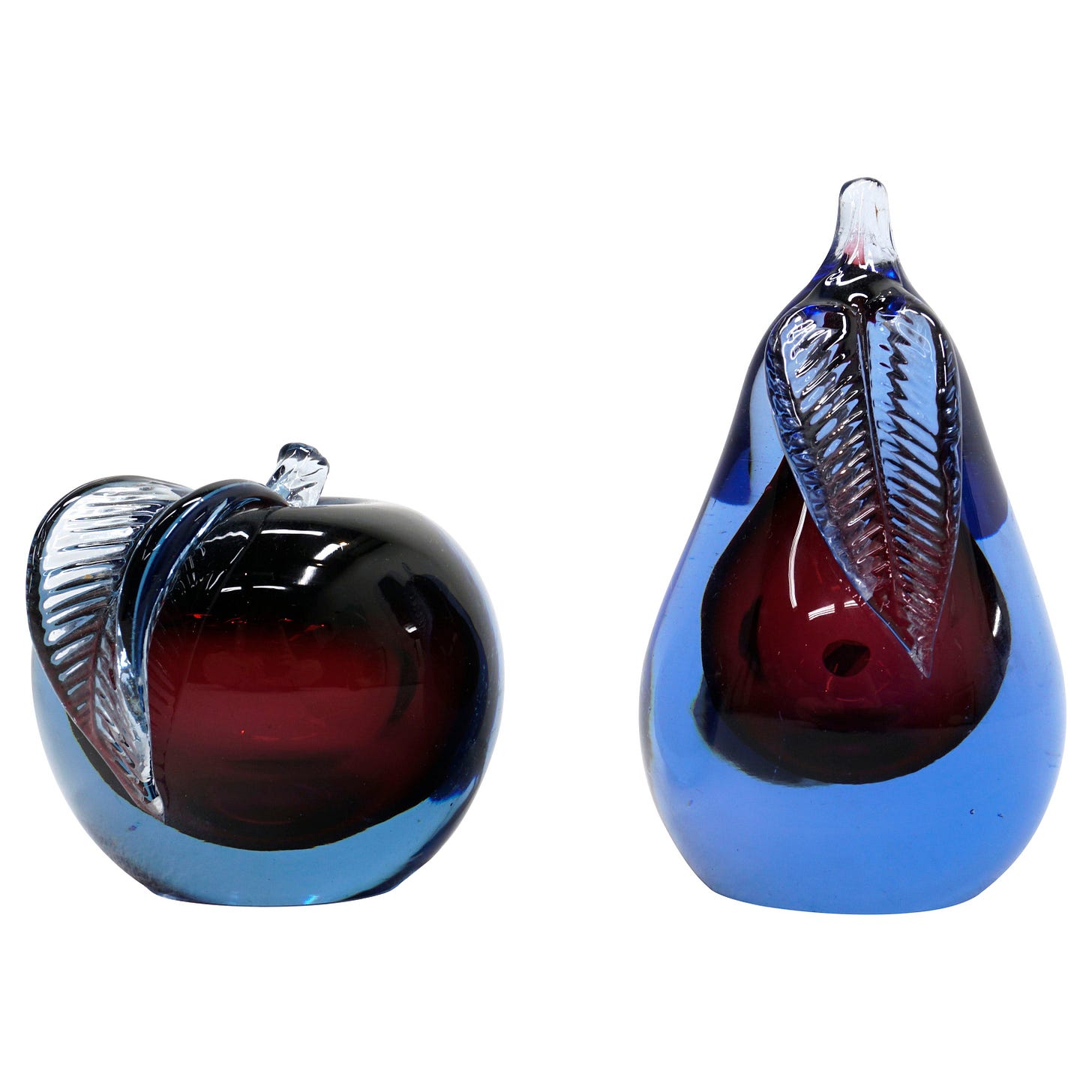 Murano Art Glass Apple and Pear, Hand Blown, Blue, Purple, Excellent Condition For Sale