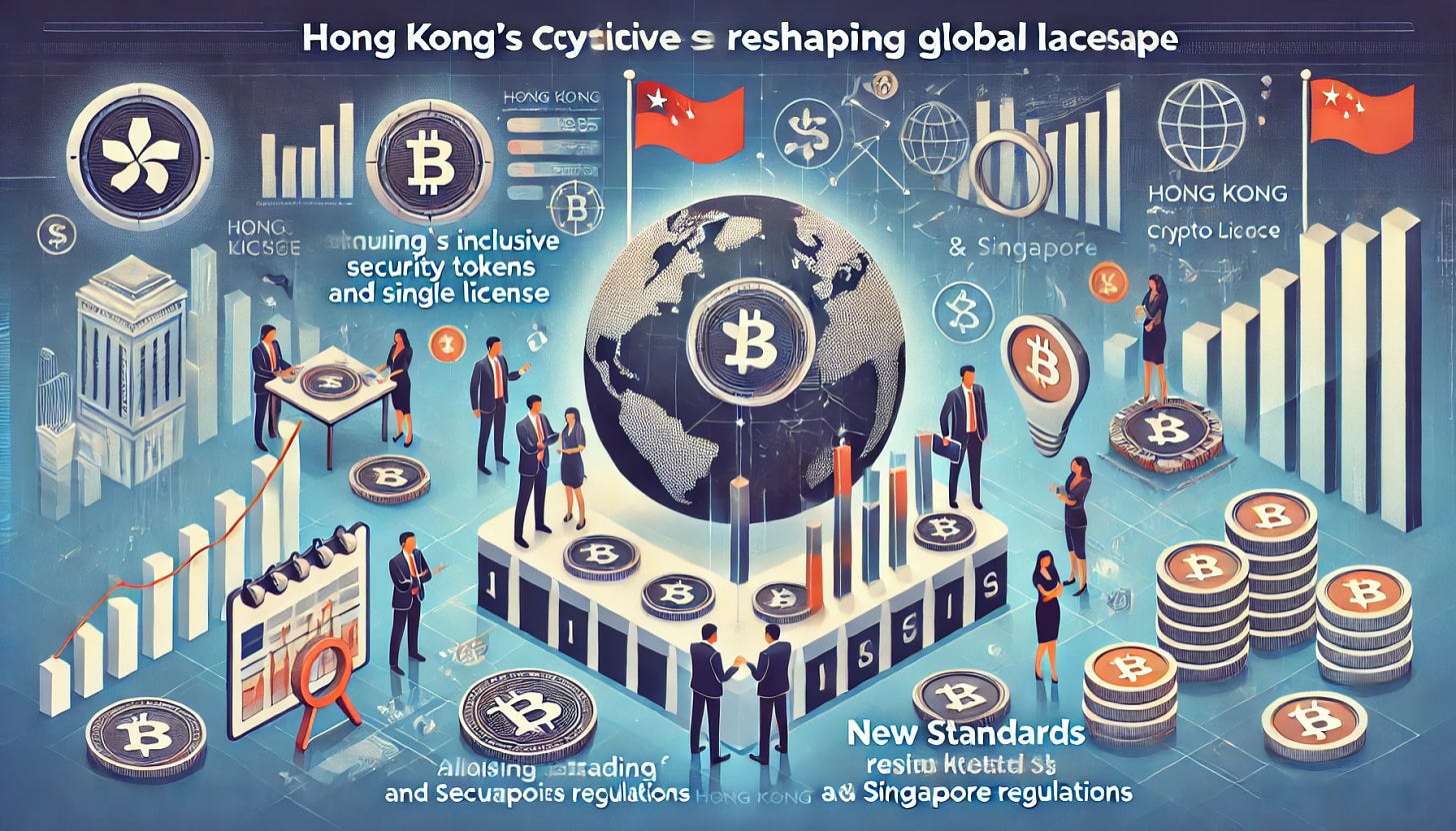 A 16:9 story image illustrating Hong Kong's crypto license surpassing US and Singapore regulations. Include the following elements:

1. Hong Kong's inclusive crypto license: Depict Hong Kong with a digital permit allowing trading of security tokens and cryptocurrencies under a single license.

2. Leading hub for digital assets: Show Hong Kong as a vibrant hub for digital assets with icons representing global businesses and fintech talent.

3. Surpassing US and Singapore regulations: Visualize Hong Kong surpassing US and Singapore with comparative graphics showing higher standards and more comprehensive regulations.

4. New standards reshaping global landscape: Highlight new standards set by Hong Kong with a globe and rising charts indicating enhanced investor confidence and market growth.