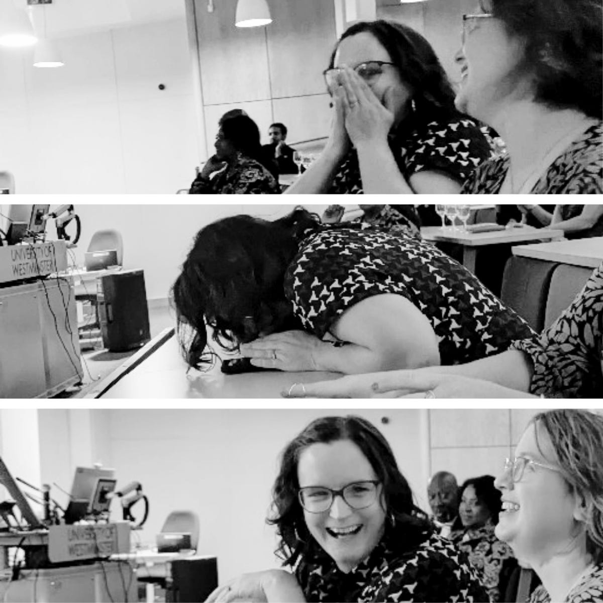 Three black and white photos of Mel Barfield, a white woman with dark glasses and hair in a patterned dress. Photo 1 she's covering her face, photo 2 her head is on the desk, photo 3 she's laughing