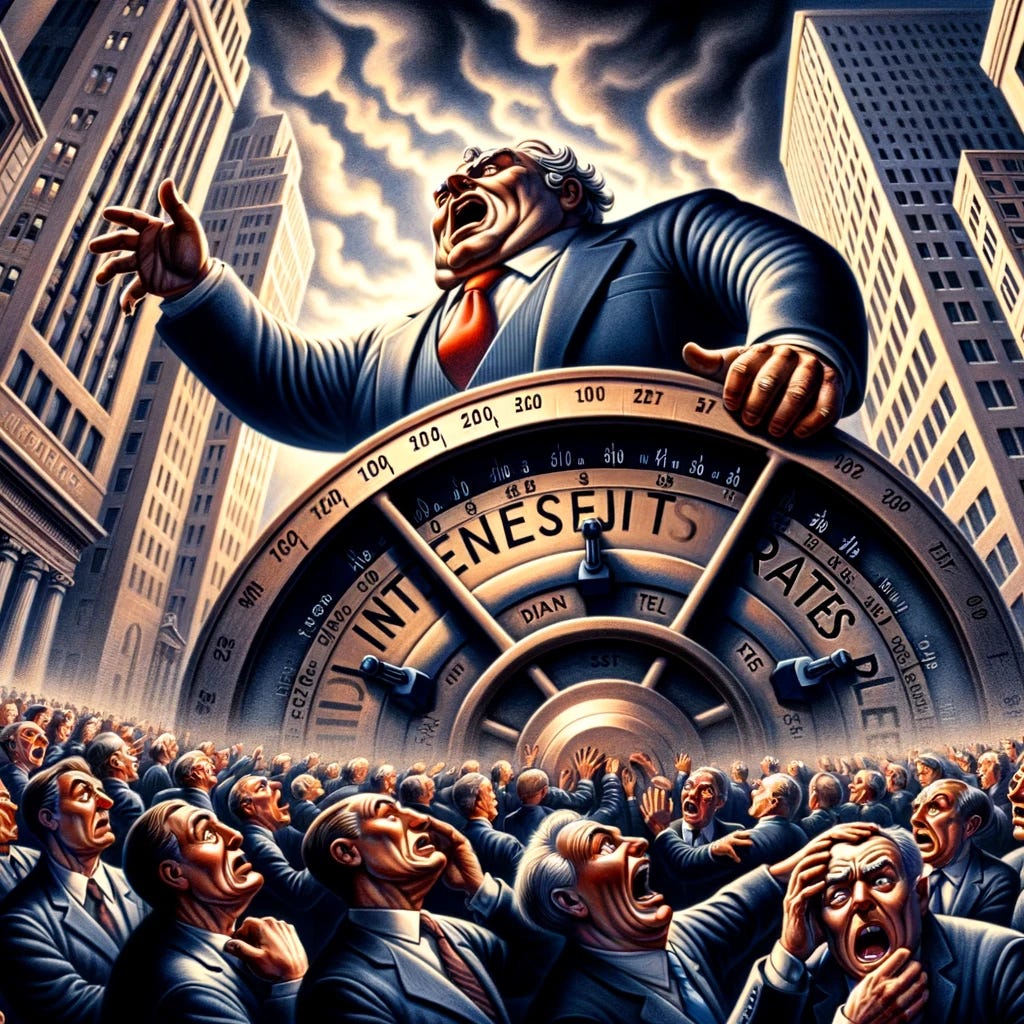 A dramatic and satirical illustration featuring a personified version of a government leader, depicted with a grandiose and decisive gesture, turning a gigantic valve or wheel labeled 'Interest Rates' downwards. Around this central figure, a group of exaggeratedly portrayed businessmen in suits are depicted with expressions of shock and despair, their hands thrown up in the air or clutching their heads. The scene is set against the backdrop of a financial district, with skyscrapers and the facades of banks faintly visible. The overall atmosphere is charged with tension, highlighting the impact of the leader's actions on the business community. This image conveys the theme of government intervention in the economy and its dramatic effects on the business sector.