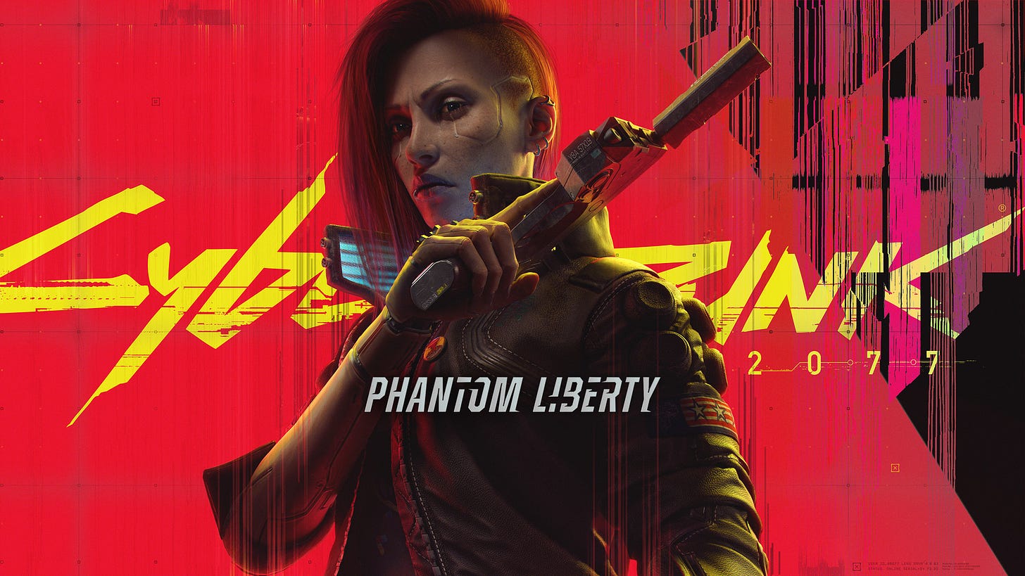 Cover art for Cyberpunk 2077: Phantom Liberty, showing the female V player character at the centre holding a gun and the logo in the background.