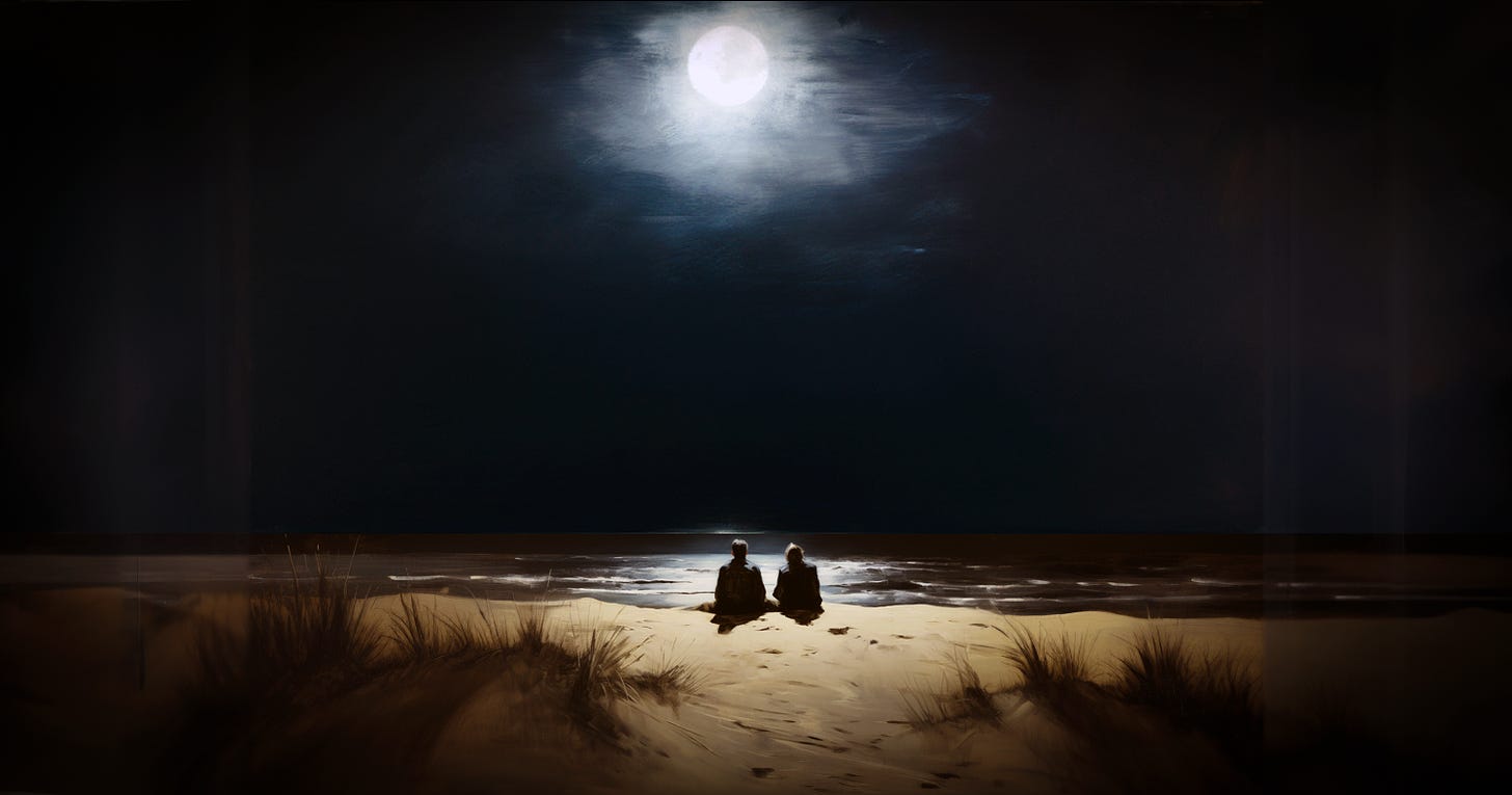 two people sitting on a dune at night, looking out at the ocean and a full moon swaddled in clouds