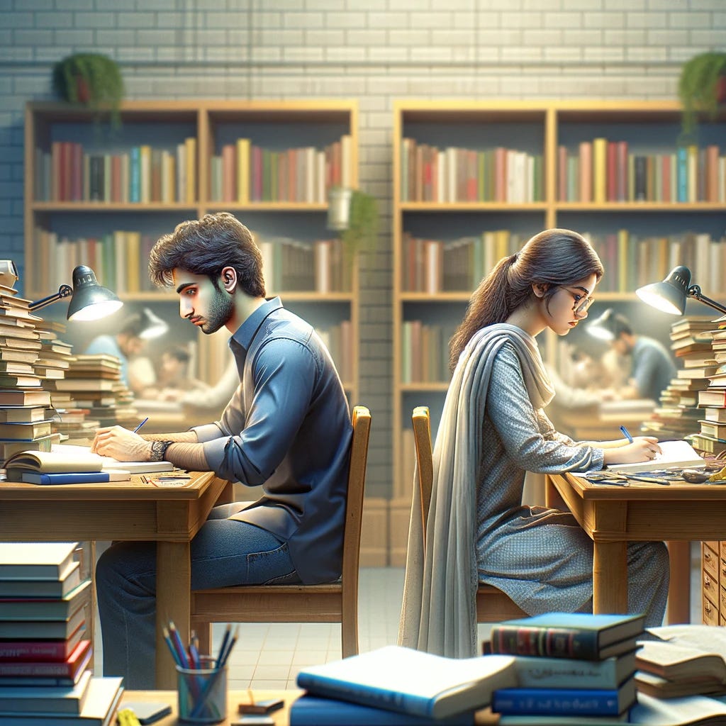 Create an image showing two independent Pakistani students, a young South Asian man and a young South Asian woman, each studying separately but in the same space, surrounded by a multitude of books and educational resources. They are sitting at individual desks, each deeply focused on their own studies, with expressions of determination and a bit of stress. The desks are cluttered with books, notebooks, and papers, illustrating their individual academic journeys. In the background, a bookshelf filled with books suggests a shared library or study room environment. This scene represents individual academic dedication and perseverance in a communal study setting.