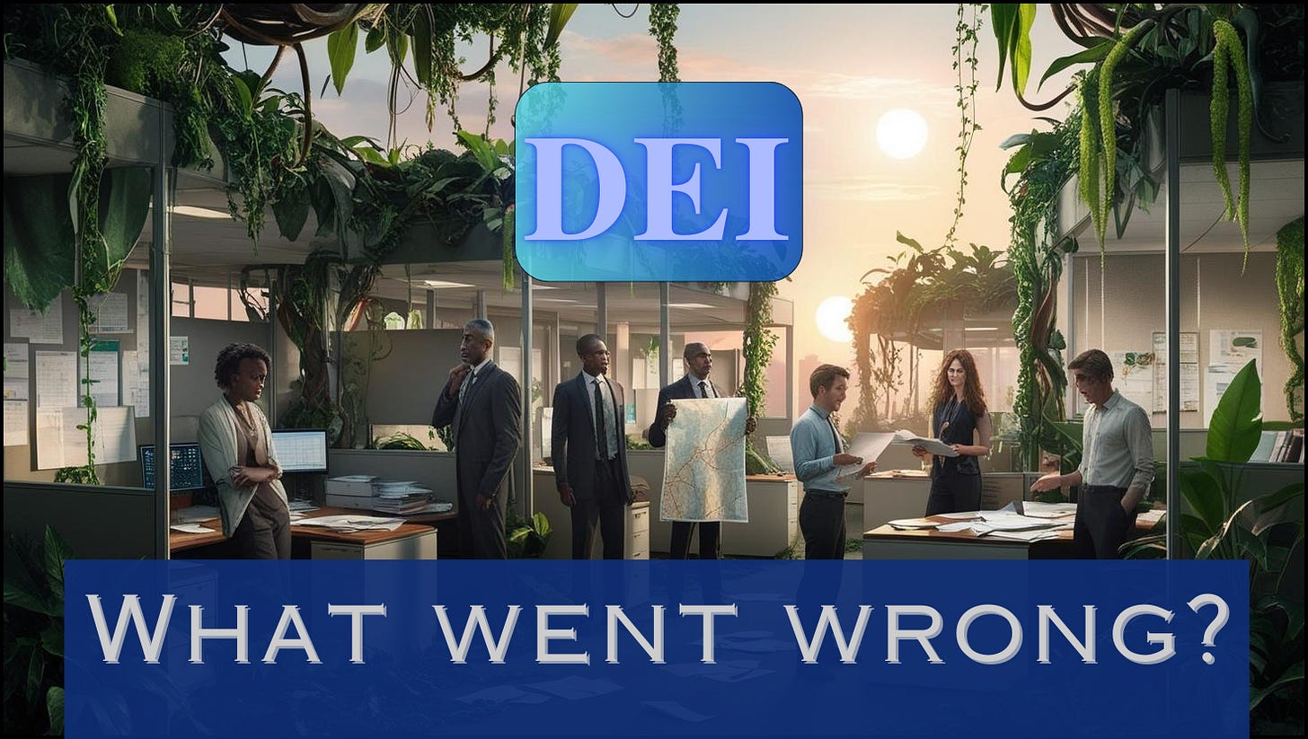 A modern office space transformed into a symbolic corporate jungle, blending nature and professionalism. Lush greenery cascades from cubicle walls and ceilings, with employees in business attire discussing maps and documents. The setting is bathed in soft golden light, symbolizing growth and collaboration. The words “DEI” and “What went wrong?” are prominently displayed.