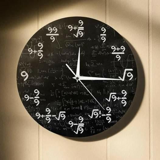 A clock in black and white whereby each numeral is represented by a mathematical formula involving only the digit "9"