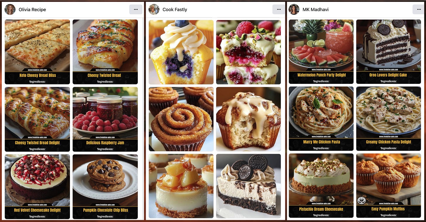 examples of AI-generated food images posted by the Facebook spam pages