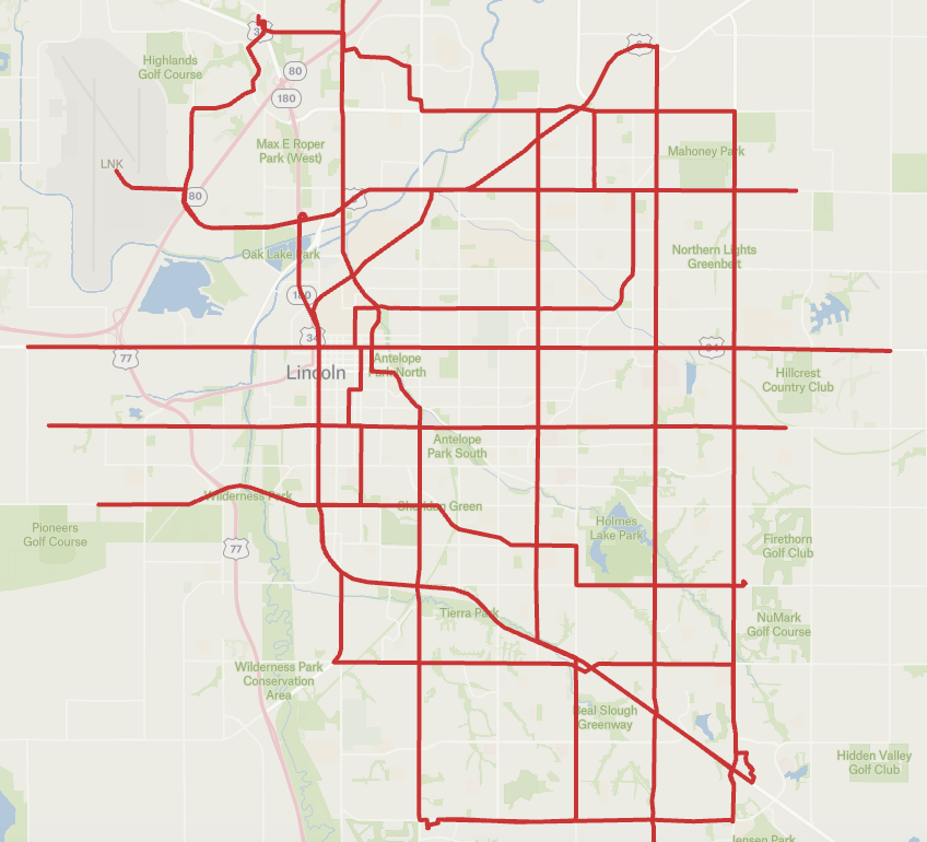 11 Route BRT Map showing maximum coverage of Lincoln, NE