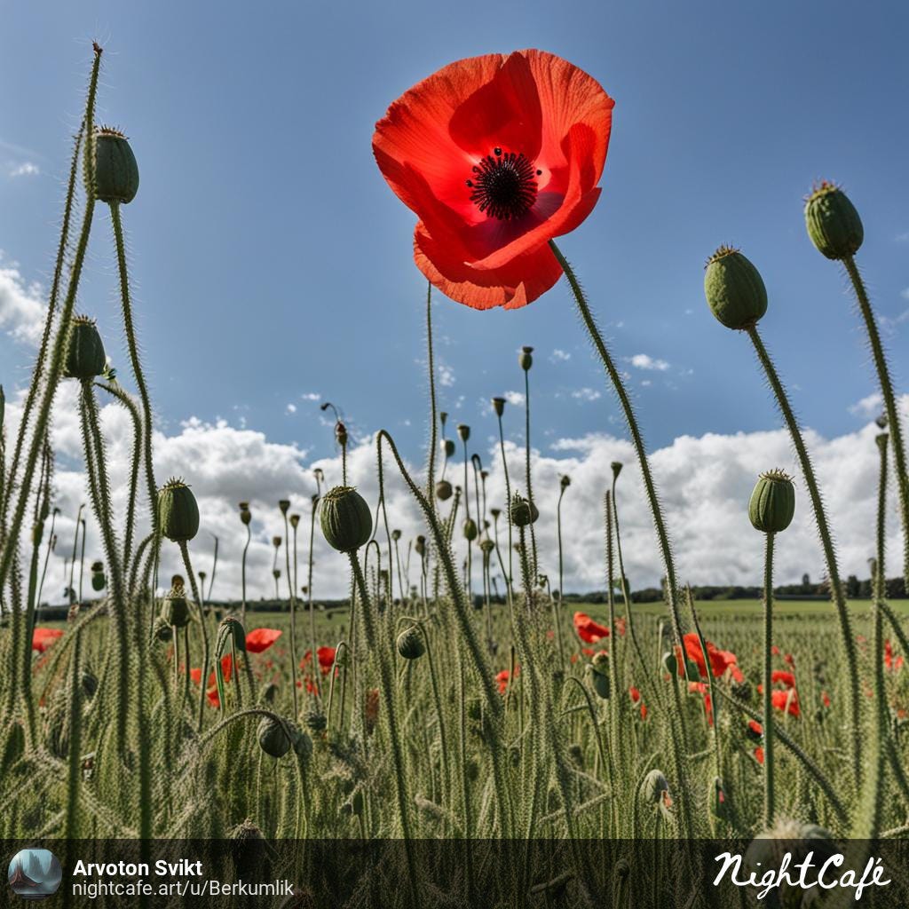 Image of a Tall Flowering poppy in a field of unbloomed poppies
