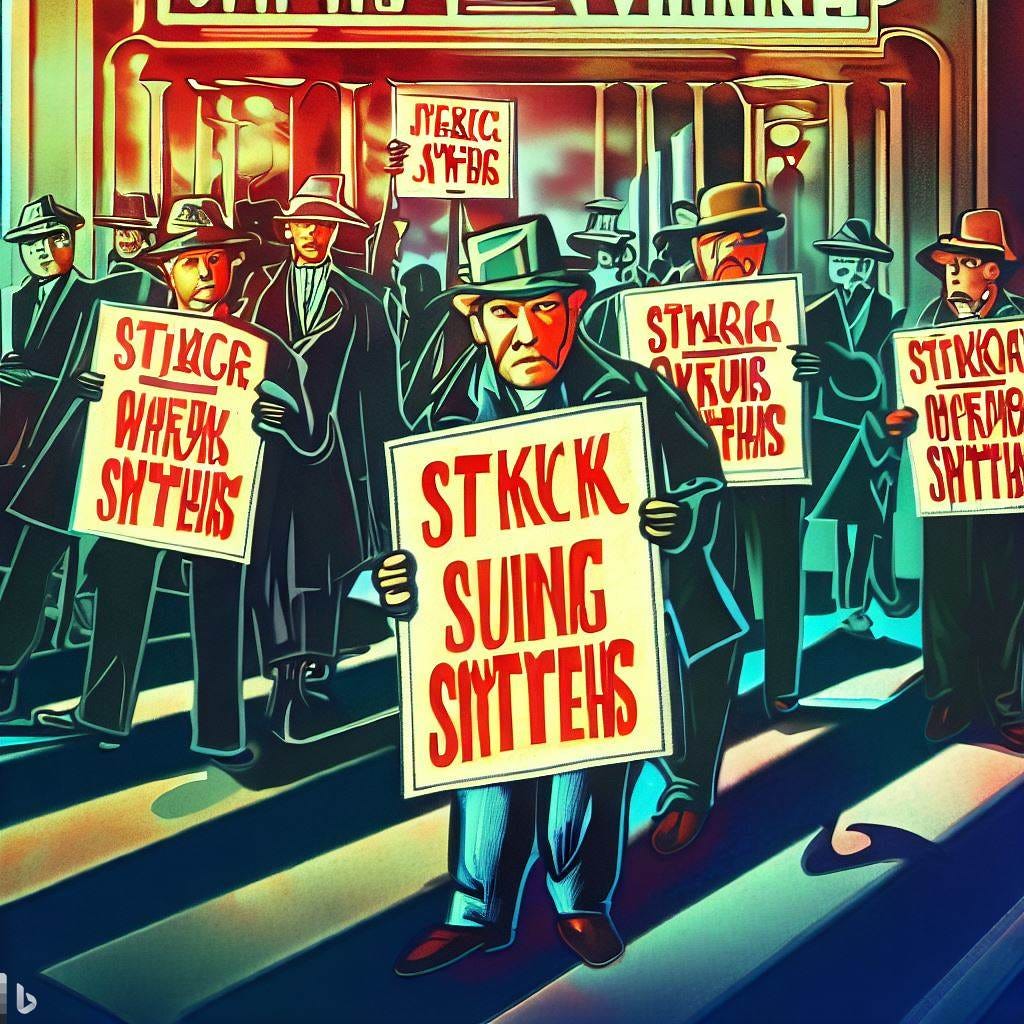 writers on strike on a picket line in front of a movie studio, 1930s style art deco poster