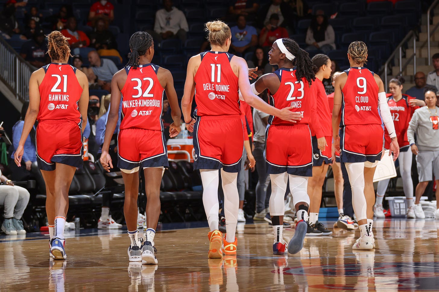 WASHINGTON,DC - MAY 10: A view of the Washington Mystics during the game during the preseason game on May 10, 2023 at the Emtertainment & Sports Arena in Washington, D.C. NOTE TO USER: User expressly acknowledges and agrees that, by downloading and or using this photograph, User is consenting to the terms and conditions of the Getty Images License Agreement. Mandatory Copyright Notice: Copyright 2019 NBAE