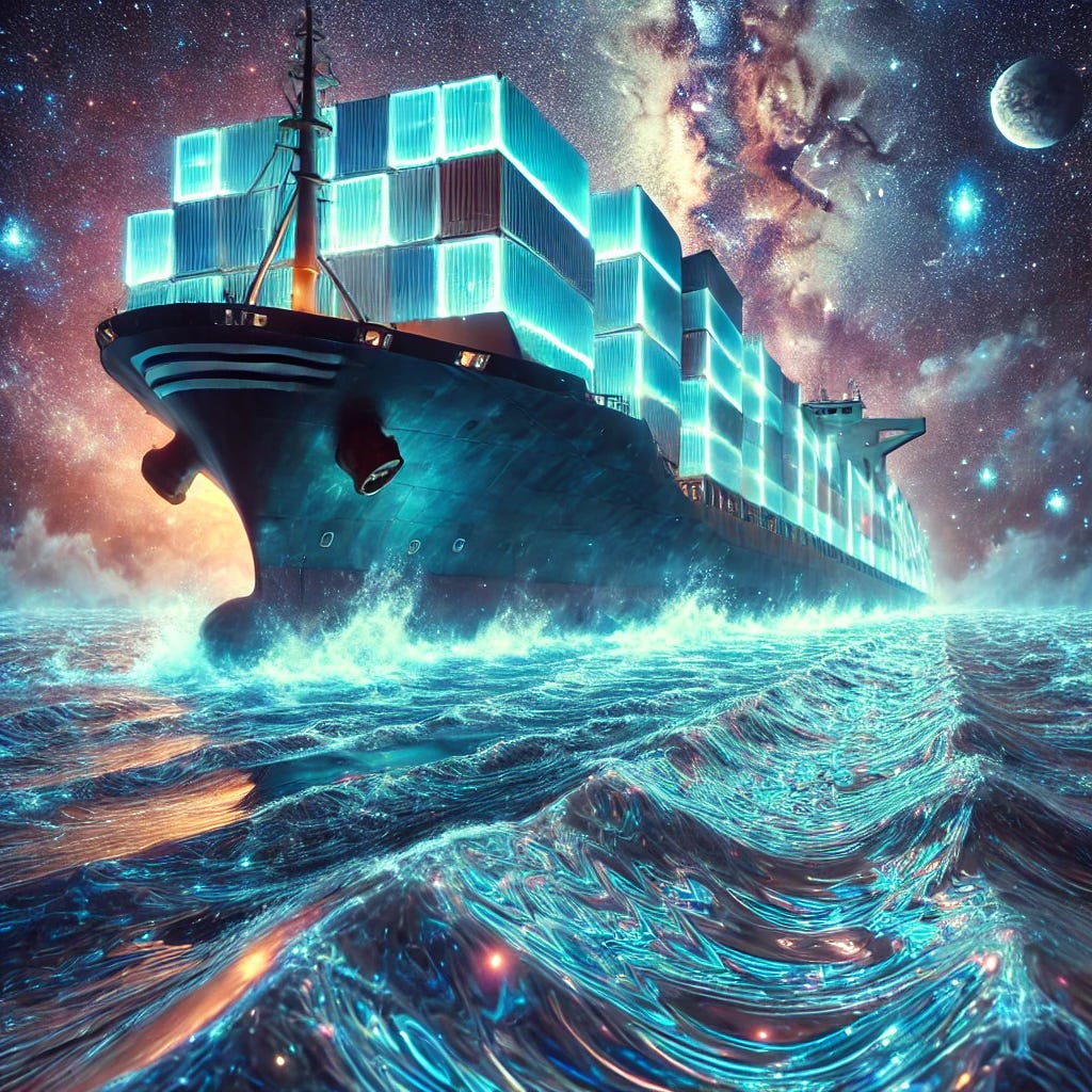 A surreal container ship sailing through a cosmic ocean, where the sea is made of glowing nebulae and the sky is filled with galaxies and distant planets. The ship carries futuristic, holographic containers that emit a soft neon glow. Waves of stardust ripple beneath the hull, and ethereal light reflections dance across the ship’s surface. The atmosphere is a fusion of maritime realism and science fiction, creating a mesmerizing dreamlike scene.