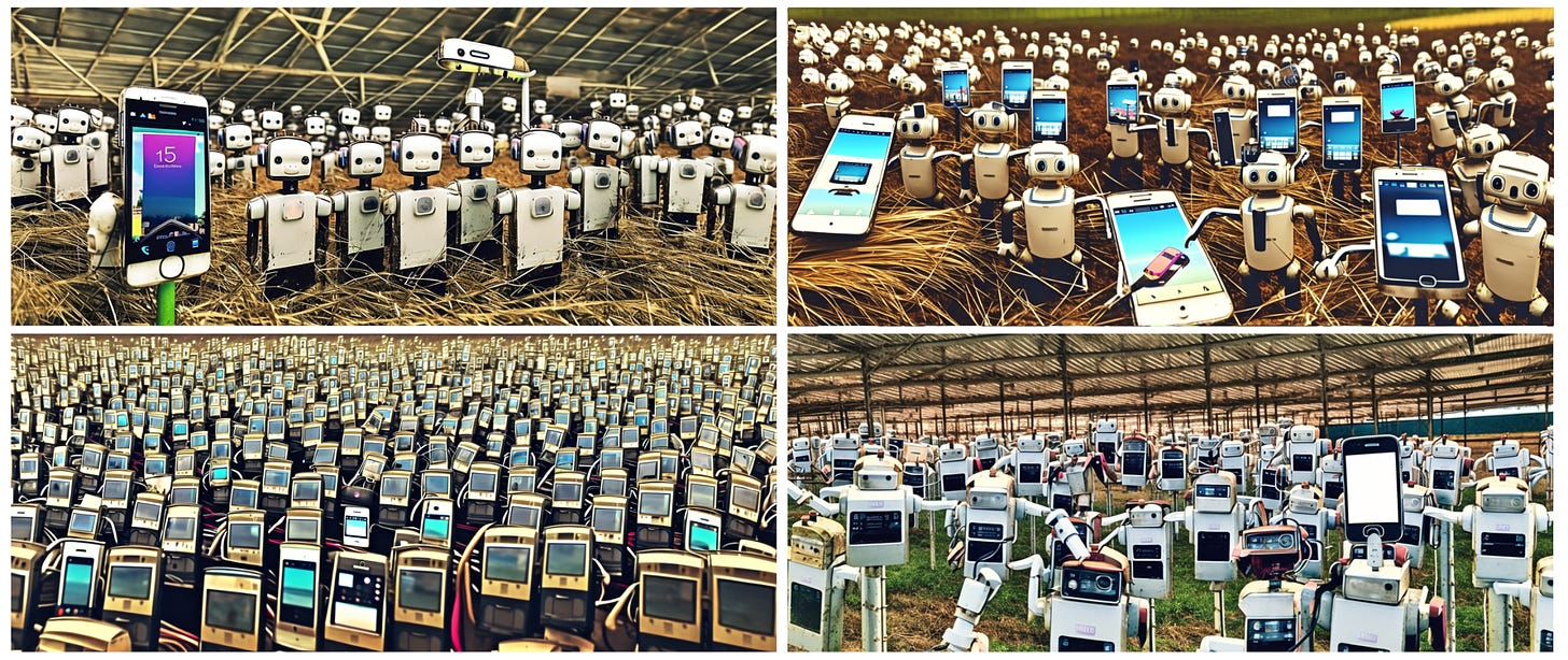 Four pictures of mobile device farms.