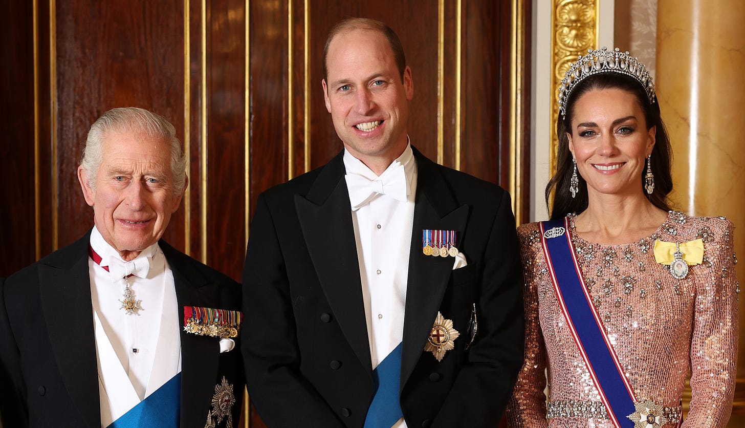 king charles prince william princess kate posing in formal wear and tiara