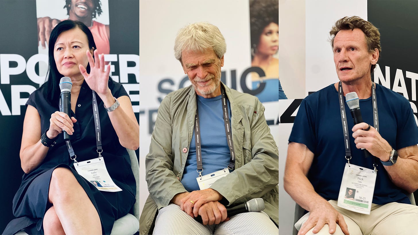 Judy John (CCO/Edelman), Sir John Hegarty (The Garage), Nick Law (Accenture Song) at Cannes Lions 2024
